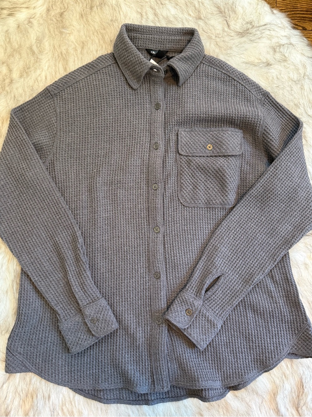 Waffle-Knit Button-Down Shirt - Gray